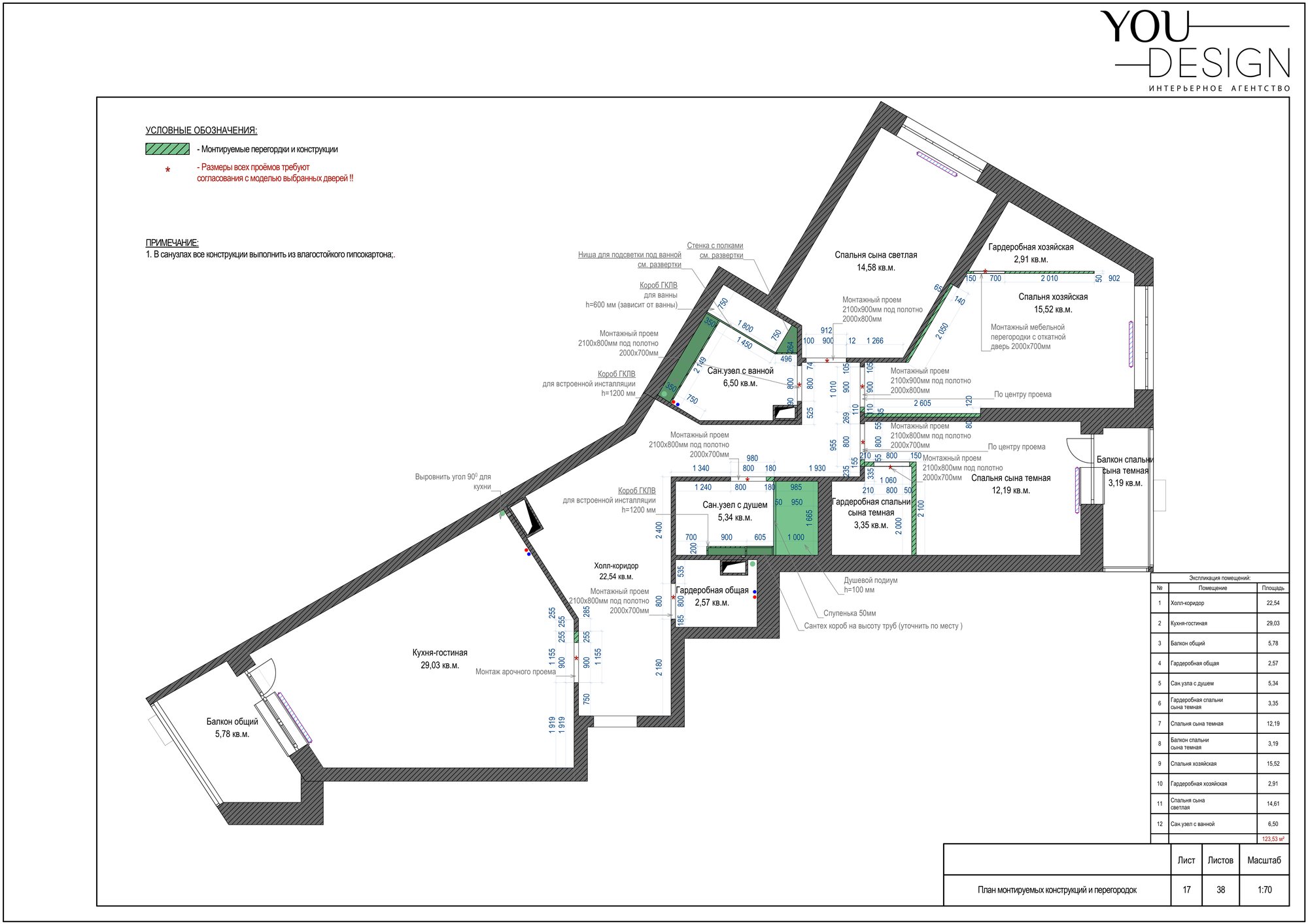 План монтажа: перегородки гардеробных, короба инсталляций и арочный проём в кухню-гостиную