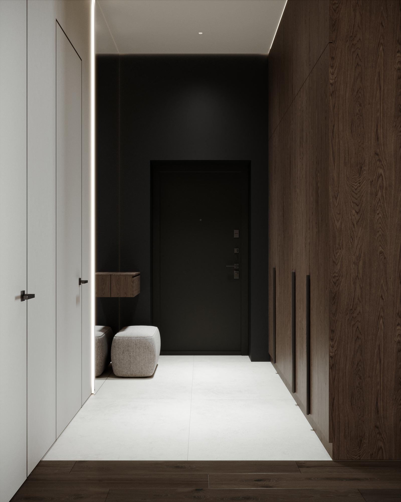 Визуализация прихожей: тёмные стены, шпонированный шкаф и входная зона